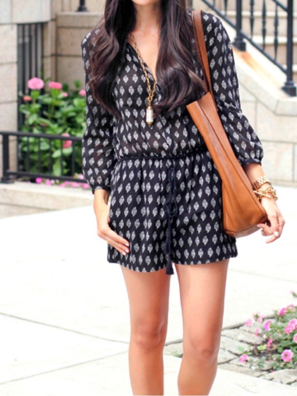 Madewell Gateway Black Long-Sleeve Printed Romper
